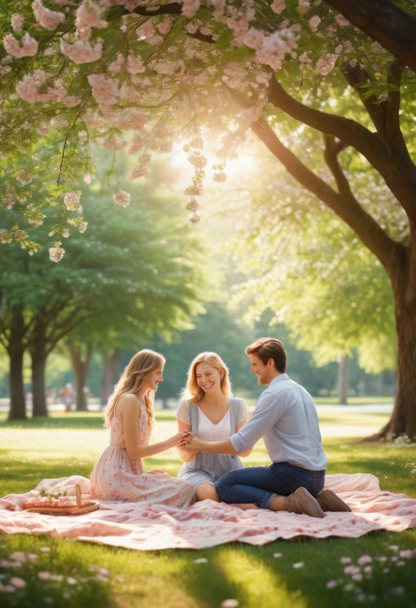 A serene park scene depicting a couple on a romantic picnic, surrounded by blooming flowers and soft sunlight filtering through the trees. They are sharing laughter while holding hands, symbolizing deep connection and companionship. In the background, a gentle breeze rustles the leaves, creating an atmosphere of warmth and love. super-realistic. vibrant colors. soft focus.