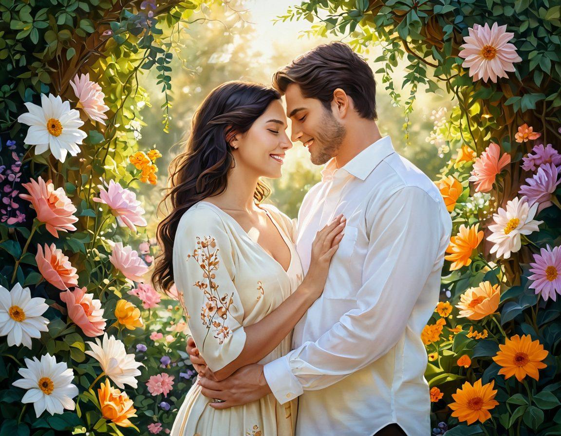 A serene couple embracing in a sun-drenched garden, surrounded by blooming flowers symbolizing growth and love. Muted colors in the background to create depth, with soft, glowing light emphasizing their shared moments of laughter and intimacy. Include subtle elements like intertwined vines or heart-shaped leaves to symbolize connection. painting. warm colors. natural light.