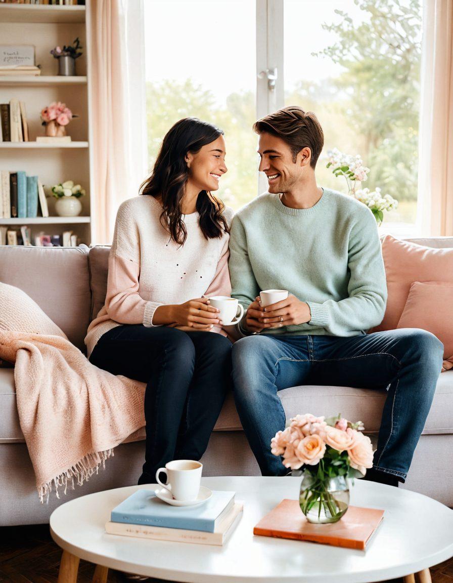 A warm and inviting scene of two people sitting closely on a cozy couch, smiling at each other while sharing a tender moment. Soft lighting creates an intimate atmosphere, with a coffee table adorned with a small vase of fresh flowers and books about relationships. A gentle background showcasing subtle heart shapes, symbolizing love and affection. Illustration style is soft and dreamy with pastel colors.